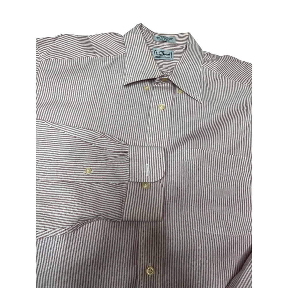 LL Bean Mens Red White Stripeโ Button Down Shirt 100% Cotton 16.5 37 Long Sleeve
